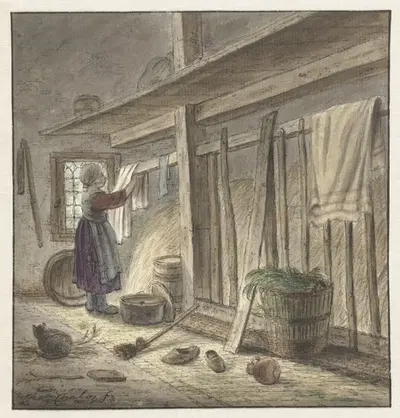 Уголок хлева с девушкой, которая вешает полотно by Кристина Шалон, 1772 — digital art print download