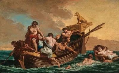 Моряки спасают молодого мальчика, дрейфующего в море в корзине by Джованни Паоло Панино — digital art print download