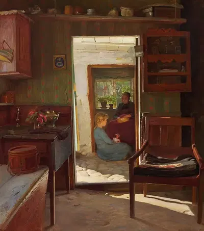 Маленькая девочка и ее бабушка в дверном проеме by Густав Вермерен, 1916 — digital art print download