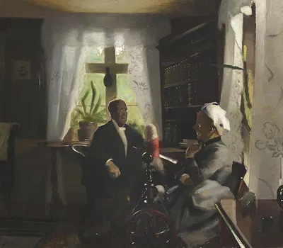 Пожилая пара в разговоре в гостиной by Харальд Слотт-Мёллер — digital art print download