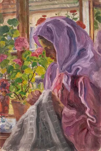 Молодая швея у цветочного окна by Ижак Перлмуттер, 1905 — digital art print download