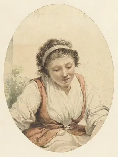 Vrouw met rood vest en wit lint in het haar by Jacob van Strij, 1766 - 1815 — digital art print download