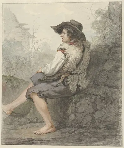 Zittende jongen met hoed en schapenvacht, naar links by Jacob van Strij, 1766 - 1815 — digital art print download
