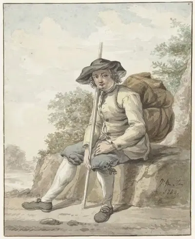 Zittende man met een knapzak en een stok by Jacob van Strij, 1784 — digital art print download