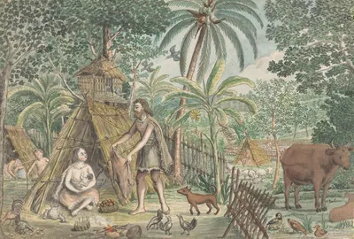 Adam en Eva in een utopisch dorpstafereel by Jan Brandes, 1779 - 1785 — digital art print download