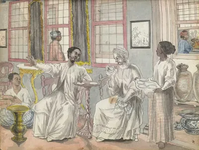 Theevisite in een Europees huis in Batavia by Jan Brandes, 1779 - 1785 — digital art print download