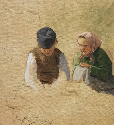 Связанный парень и шьющая крестьянская девушка. Эскиз by Йоаким Сковгорд, 1878 — digital art print download