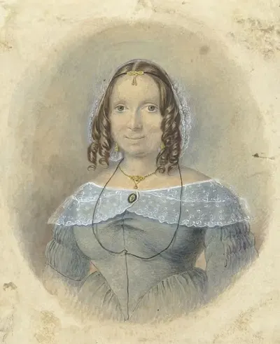 Vrouw in een blauwe japon met een kanten schouderkraag by Johannes Hari, 1782 - 1849 — digital art print download
