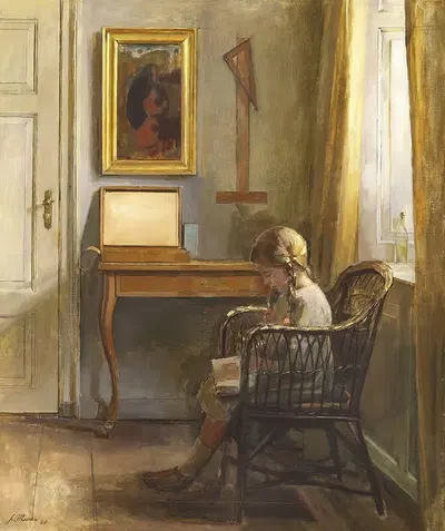 Interiør med læsende pige ved vindue by Johannes Ottesen, 1920 — digital art print download
