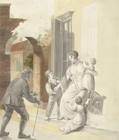 Нищий получает милостыню от дамы by Питер Бартоломеус Барбиерс, 1782 - 1837 — digital art print download