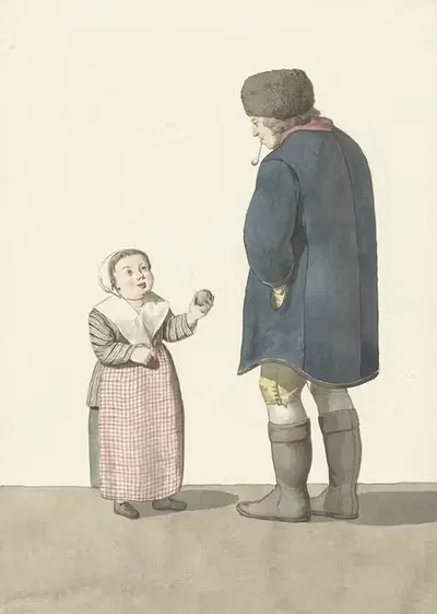 Девочка с мячом, стоящая перед мужчиной by В. Бартолтс, 1700 - 1800 — digital art print download