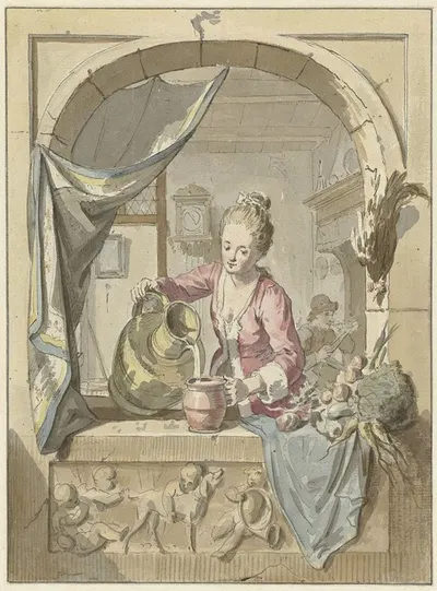 Vrouw schenkt melk uit een kan, in een venster by Виллем Жозеф Лаки, 1748 - 1798 — digital art print download
