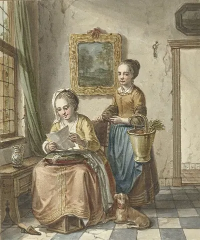 Zittende vrouw met dienstmeid, een brief lezend by Виллем Жозеф Лаки, 1748 - 1798 — digital art print download