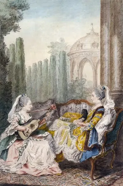 Две женщины, одна играет на гитаре, другая держит собаку by Луи Карроджис Кармон텔 — digital art print download