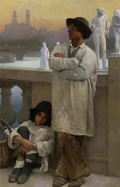 Young sculptors on a bridge in Paris, the old Trocadero in the distance by Carl Ernst von Stetten, 1888 — digital art print…
