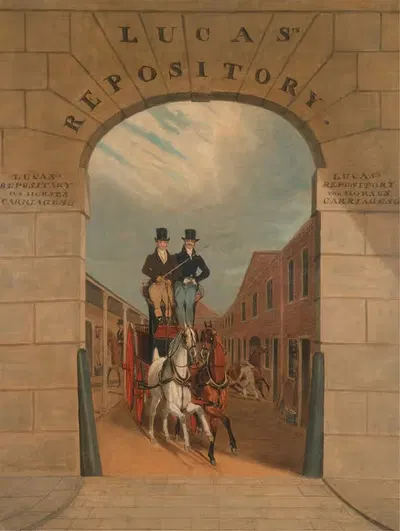 Schooling a Pair in a Brake at Lucas's Yard, Clerkenwell by James Pollard, 1818 — digital art print download