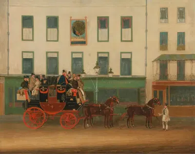 The London-Manchester Stage Coach, “the Peveril of the Peak,” outside the Peacock Inn, Islington by James Pollard, 1835 —…