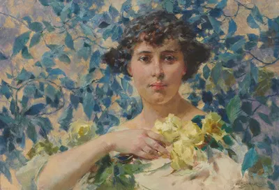 Женщина у цветущих кустарников by Здзислав Ясиньский, 1920 — digital art print download