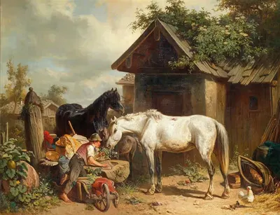 Лошади на ферме by Адольф ван дер Венне, 1866 — digital art print download