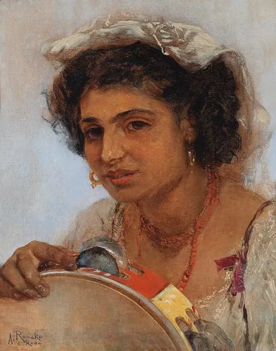 Italienisches Mädchen mit Kopftuch und Tamburin by Anton Romako — digital art print download