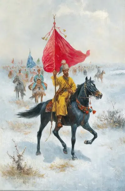 Cossacks on Horseback Bearing a Standard in a Winter Landscape by Adolf Baumgartner-Stoiloff — digital art print download