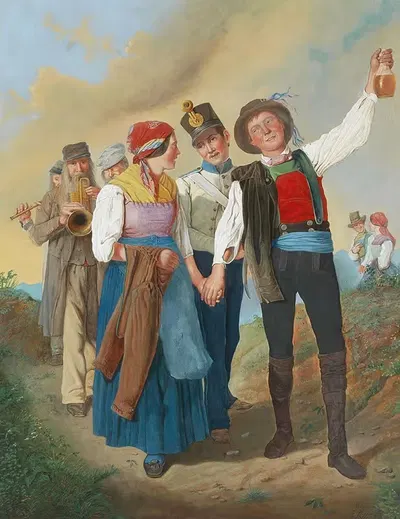 A festive procession with peasants, brass music and soldiers by Eduard Ritter — digital art print download