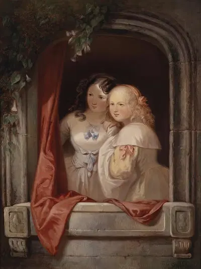 Две девушки у окна by Элизабет Моделль, 1852 — digital art print download