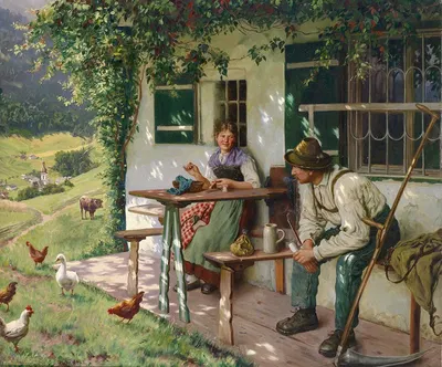 Junges Paar vor einem Bauernhaus by Emil Rau — digital art print download