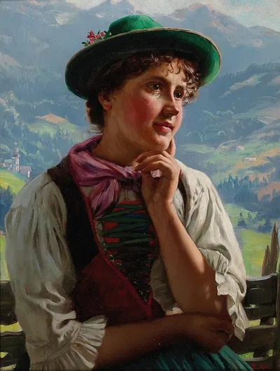 Girl in Traditional Costume in an Alpine Landscape by Emil Rau — digital art print download