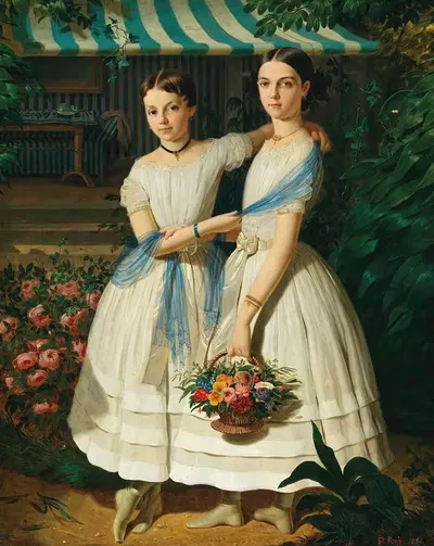 Портрет двух сестер в саду by Франц Русс старший, 1854 — digital art print download