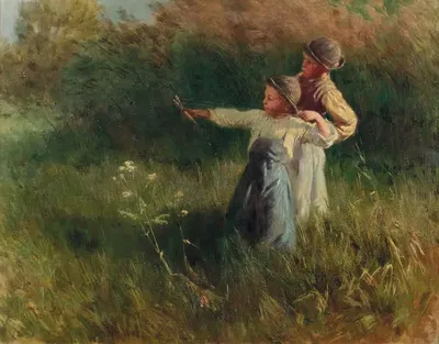 Два мальчика с пращой на летнем лугу by Геза Пешке — digital art print download