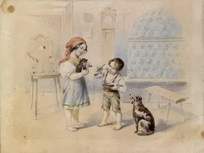 Крестьянинская комната с печкой и детьми by Иоганн Маттиас Ранфтль, 1838 — digital art print download