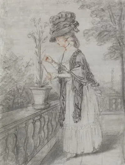Lady on a Terrace Tending a Carnation Plant by John Raphael Smith — digital art print download