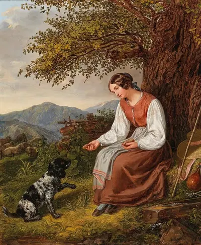 Hirtin bei der Rast mit Hund by Joseph Lavos — digital art print download