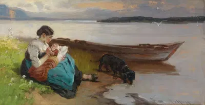Mutter mit Kind am Ufer des Sees by Karl Raupp — digital art print download