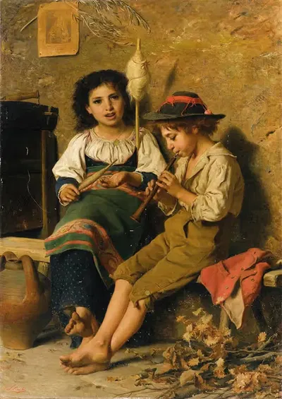 Spinnerin und Flötenspieler by Luigi Bechi — digital art print download