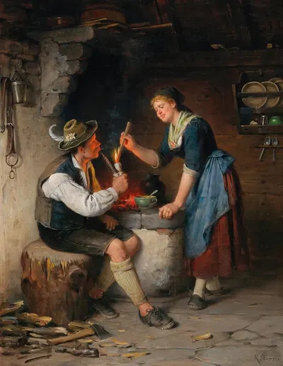 Young Couple by the Fireplace by Rudolf Epp — digital art print download