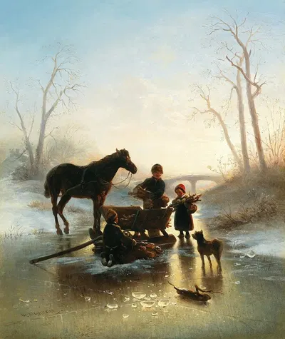 Дети на льду собирают дрова by Вильгельм Александр Мейерхейм — digital art print download