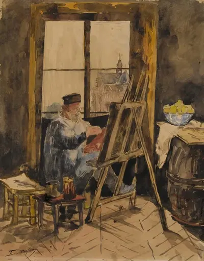 Portrait of Antoine Vollon seated at his easel by Édouard-Jacques Dufeu — digital art print download