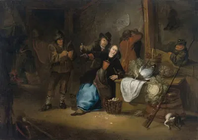 A rustic interior with a seated woman and other figures making merry by Gerrit Lundens — digital art print download