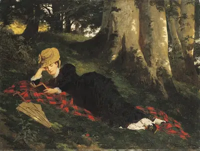 Женщина, читающая в лесу by Гюла Бенцур, 1875 — digital art print download