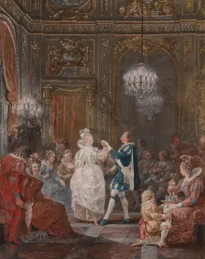 Праздник в интерьере Людовика XVI, освещённом канделябром и торшером, с парой, танцующей минуэт by Жан Демостен Дюгурк —…