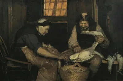 Old couple plucking gulls. Lars Gaihede and old Lene by Anna Ancher — digital art print download