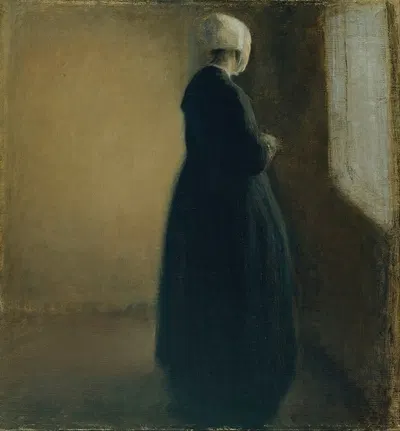 An old woman standing by a window by Vilhelm Hammershøi, 1885 — digital art print download