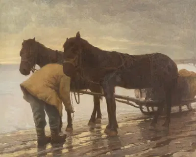 Фермер с лошадиной повозкой на зимнем пейзаже by Альберт Стагура, 1907 — digital art print download