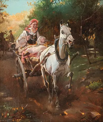 Деревенская женщина на сани by Альфред фон Вирус-Ковальский — digital art print download