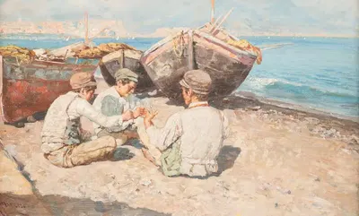 Рыбаки на пляже Неаполя by Джузеппе Джардиелло — digital art print download