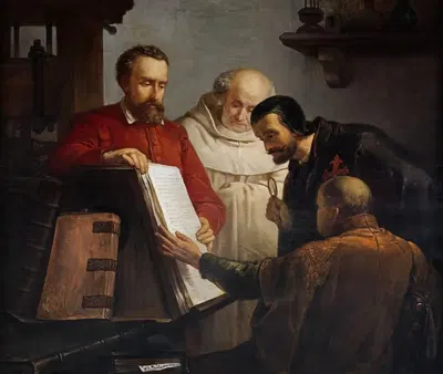 Платин показывает экземпляр Biblia Regia Ариасу Монтанусу by Жозеф Беллеманс, 1840-1888 — digital art print download
