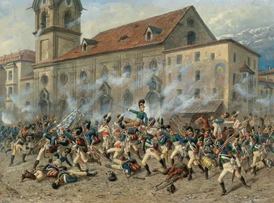 Karl Freiherr von Ditfurth fighting the Tyroleans in front of the Hospital Church in Innsbruck by Louis Braun — digital art…