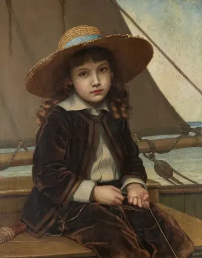 Ребенок в соломенной шляпе и бархатном костюме, ловящий рыбу by Фиби А. Дженкс — digital art print download